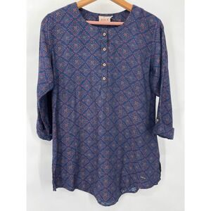 Zola Blue Floral Geometric Henley Tunic Top Roll Tab Sleeve Womens L Kurta